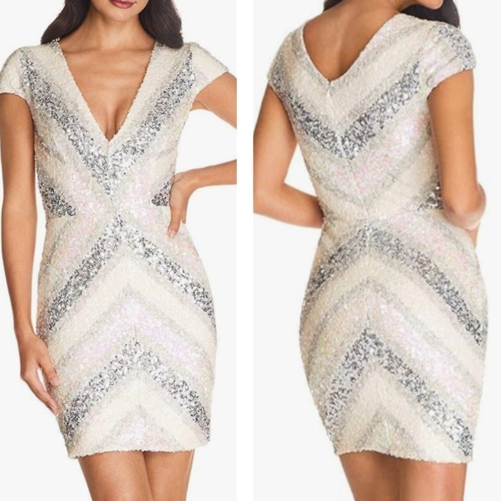 Dress the Population Zoe Sequin Mini Dress Cap Sleeve Plunge Neck Off White SZ S